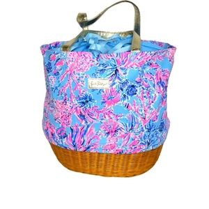NEW LILLY PULITZER TOTE BAG WICKER AND CANVAS CELESTIAL BLUE SEEK AND SEA